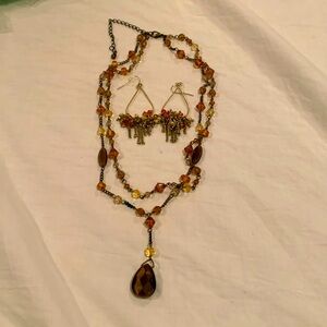GUC double strand necklace with faceted brown stone pendant plus earrings